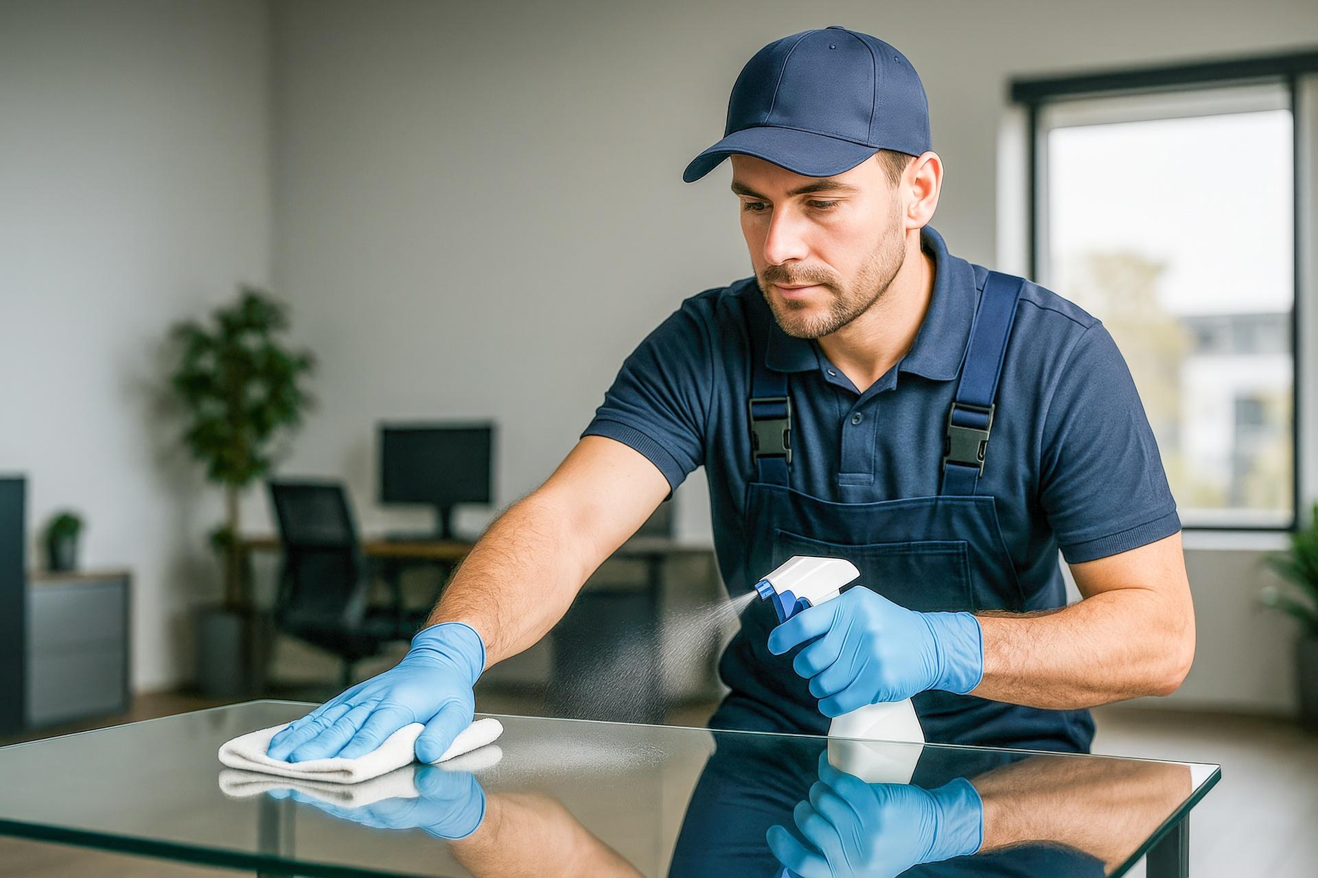Reinigungskraft desinfiziert Glastisch im Büro | Essen Reinigungsfirma