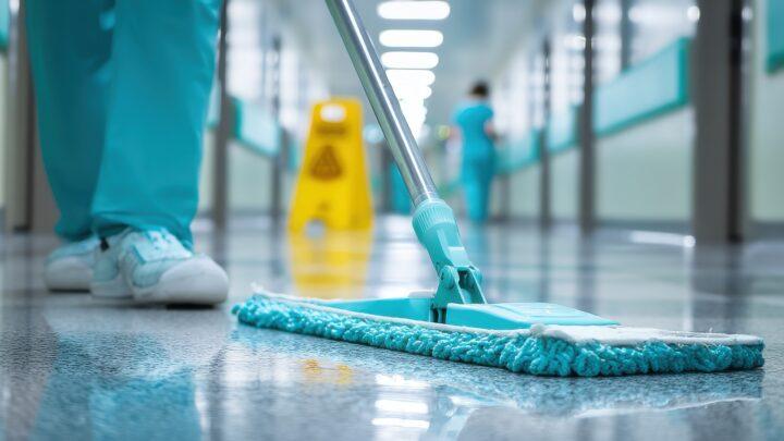 Fachkraft reinigt Flur mit Mopp im Gebäude | Essen Reinigungsfirma