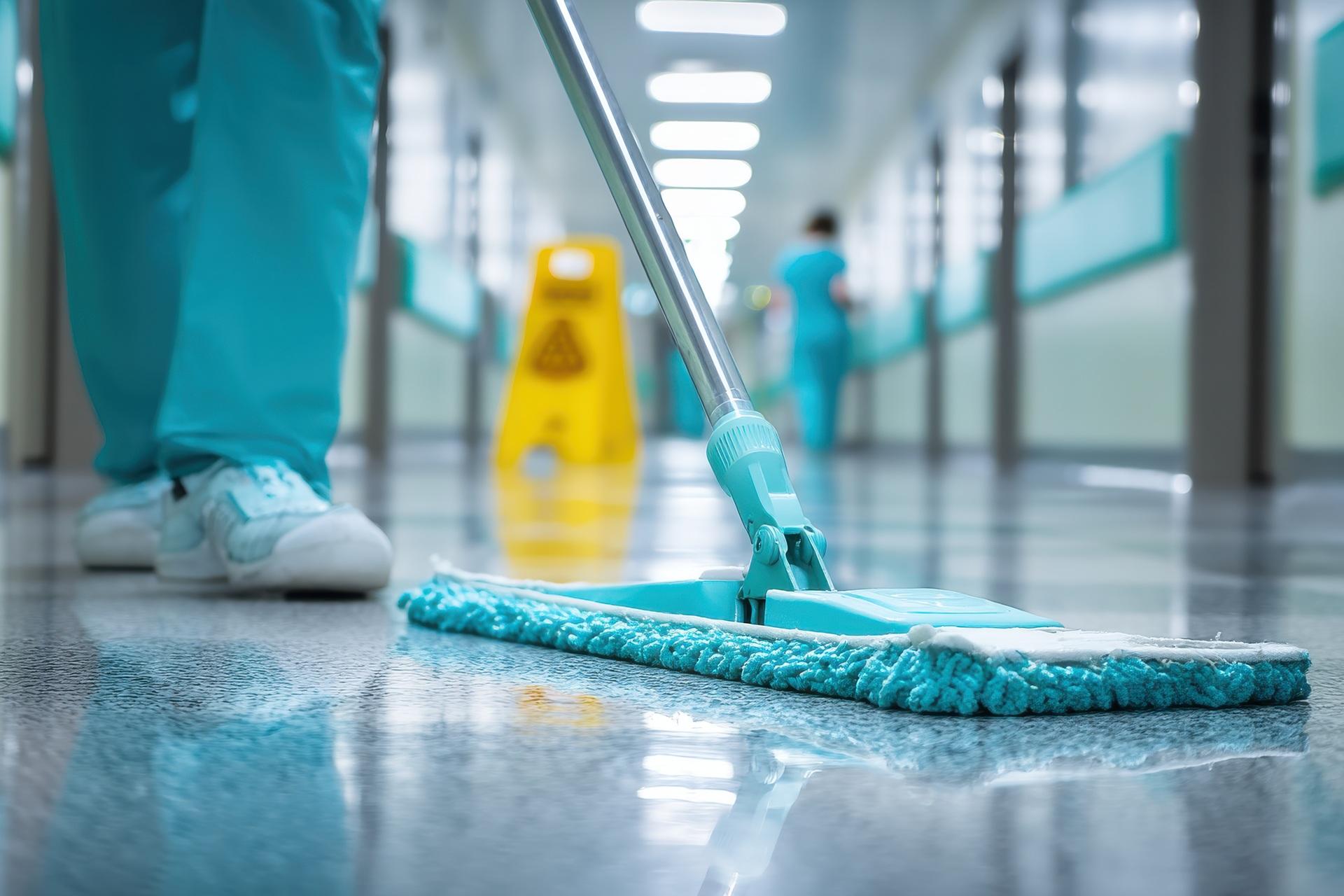 Fachkraft reinigt Flur mit Mopp im Gebäude | Essen Reinigungsfirma