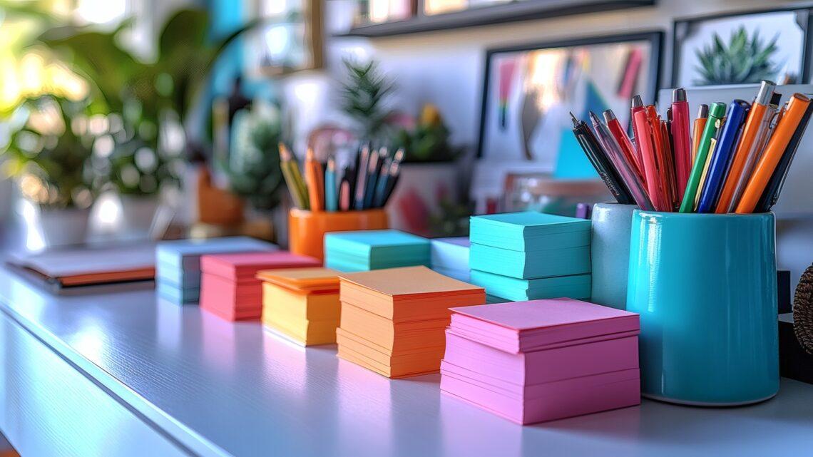 Bunter Schreibtisch mit Notizzetteln und Stiften | Etiketten Drucker