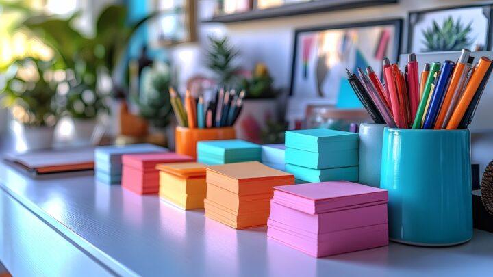Bunter Schreibtisch mit Notizzetteln und Stiften | Etiketten Drucker