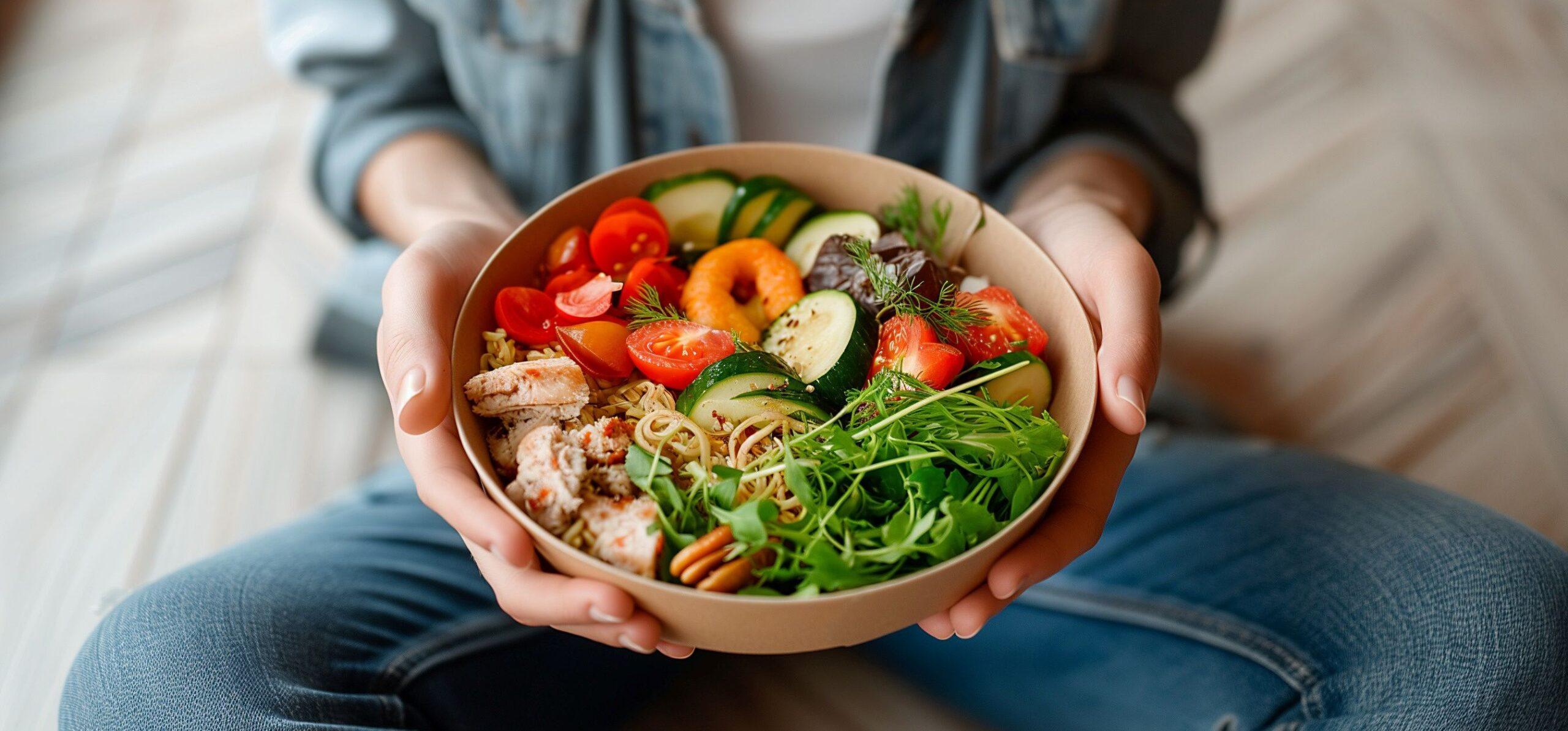 Mädchen hält einen Teller mit gesundem Essen und sitzt auf dem Boden. Konzept des gesunden Essens. Essen zum Mitnehmen nach Hause.