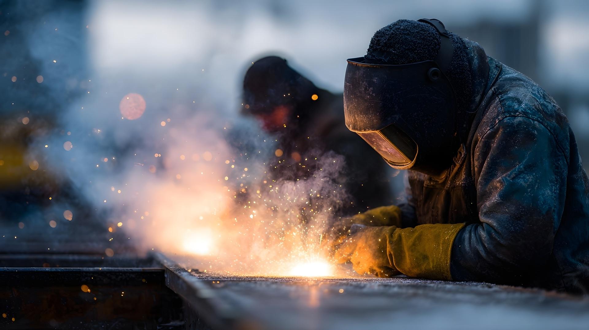 Schweißer arbeitet im Funkenflug mit hoher Staubentwicklung | Asbestsauger